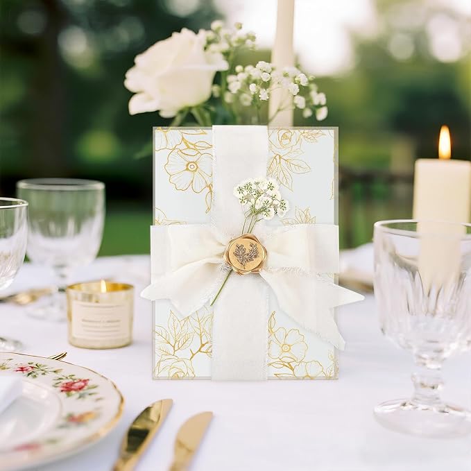 Wedding Invitation Accessories Kit, Pre-Folded Vellum Jackets for 5×7 Invitations with Wax Seal Stickers, Ribbon & Dried Flowers, Elegant Wedding Invitation Accessories for DIY Bridal Invites (Gold-Rose, 100)