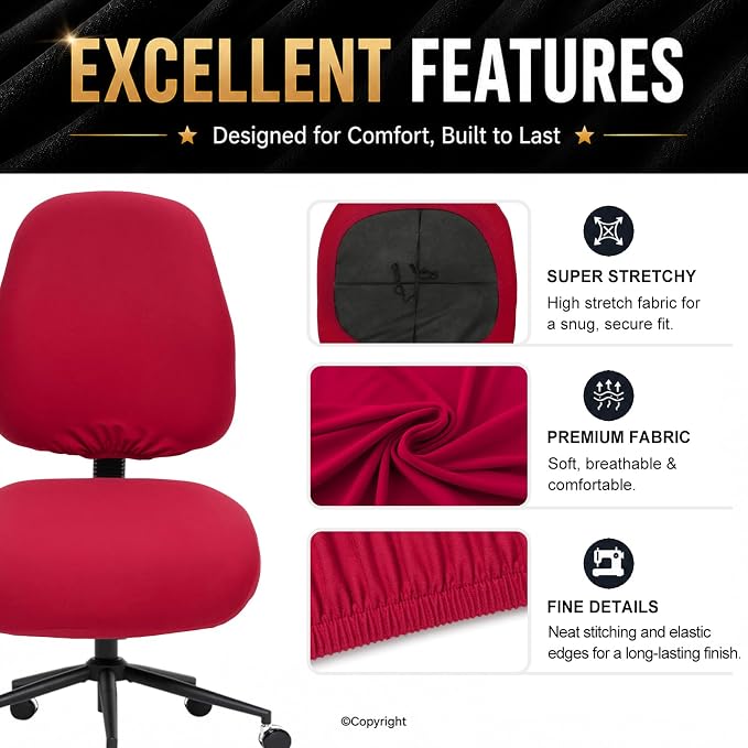 Stretchable Separate Office Chair Seat Covers - Universal Stretch Computer Chair Slipcover - 180GSM Washable Rotating Backrest Coverings & Cushion Protectors for Dogs, Cats, Pets, Red