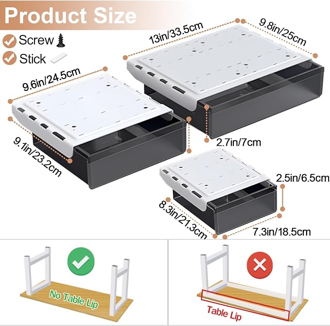 SVNNELP Under Desk Table Drawer Storage Organizer,3 Pack Large & Medium & Small Slide Out Desk Drawers - Hidden Desktop Organizer,Attachable Pencil Storage Tray Under Table(SML)