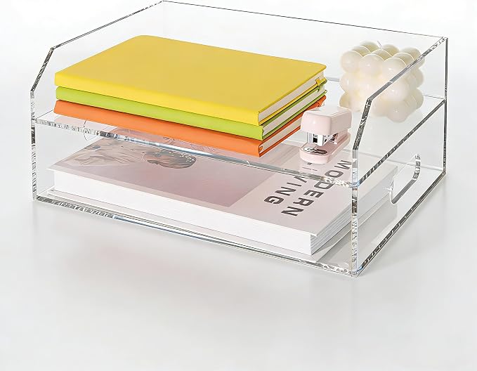 Paper Tray Organizer for Desk, 2 Tier Acrylic Desk Organizers and Accessories, One-Piece Integrated A4 Paper Organizer with Handles, Crystal-Clear Letter Tray & Compact Office File Holder