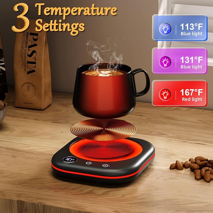 Mug Warmer Upgraded,Coffee Mug Warmer for Desk LEDs Light 3 Temp Settings (113-167°F) 1-12H Timer 4 H Auto Shut Off Beverage Cup Candle Warmer for Coffee Tea Milk(Black)