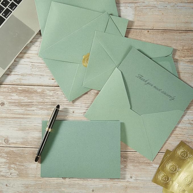 50 Pack Sage-Green A7 Envelopes with Cards and Gold Stickers, 5x7 | With Thick Folded Cardstock, For Greeting Cards, Wedding, Birthday, Invitations, Baby Showers
