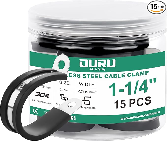 OURU 15pcs 1-1/4 Inch Stainless Steel Cable Clamps,Rubber Coated Cushioned Insulated Cable Clamp,Automotive Cable Wire Clamps,Pipe Clamps,Metal Clamp for Tube,Lines,Wire Cord Installation(Black,32mm) | 304 Stainless Steel, Anti-Vibration, Rust Resistan...