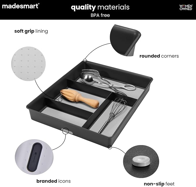 madesmart Classic 4 Compartment Drawer Organizer, Granite | non slip feet, rounded corners, soft grip base, open sections, cords tech accessories, office craft supplies, woman owned