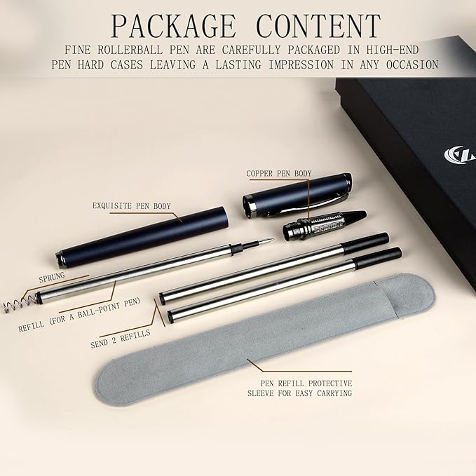Liquid Ink Rollerball Pen,Luxury Nice Metal pen Smooth writing stylish design effortless writing,fancy pens with gift case metal pen for Men & Women with 2 Refills-Blue
