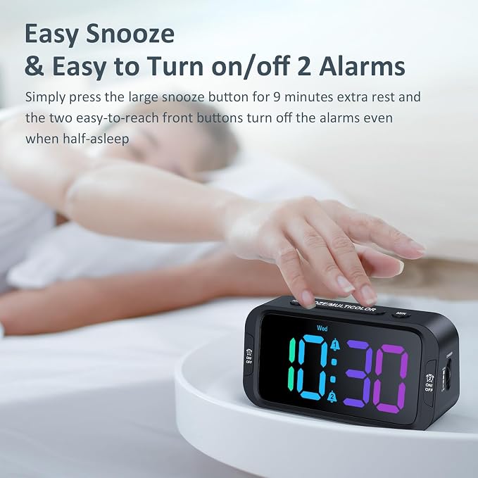 Odokee Digital Dual Alarm Clock for Bedroom with 0-100% Dimmable Display | RGB Electric Alarm Clock for Kids with Weekday/Weekend Mode - Loud Alarm for Heavy Sleepers with 5 Sounds Adjustable Volume