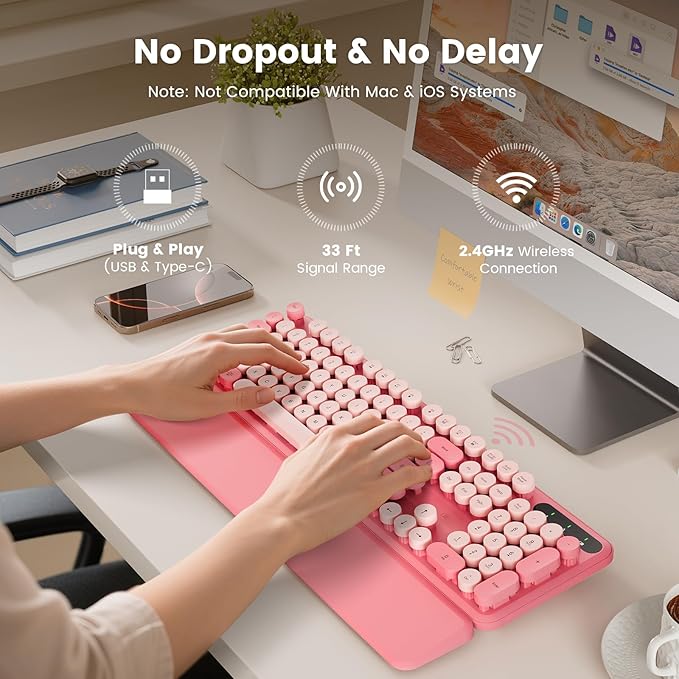 Wireless Keyboard, Round Keycaps, Retro Typewriter Keyboard with Detachable Wrist Rest, Sleep Mode, Foldable Legs, 2.4GHz Full-Size Cordless Computer Keyboard for Windows/PC/Laptop (Pale Pink Colors)