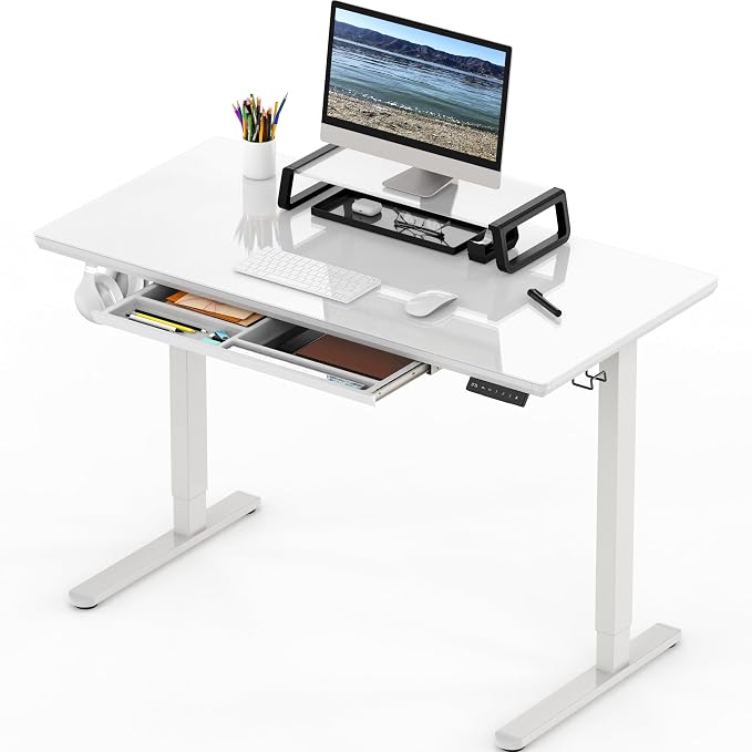 SHW 48-Inch Glass Electric Height Adjustable Standing Desk, White | w/ Monitor Riser | Memory Presets and Cable Management | Drawer with Built-in Compartments | Hanging Hooks