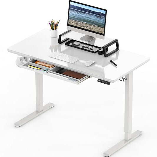 SHW 48-Inch Glass Electric Height Adjustable Standing Desk, White | w/ Monitor Riser | Memory Presets and Cable Management | Drawer with Built-in Compartments | Hanging Hooks