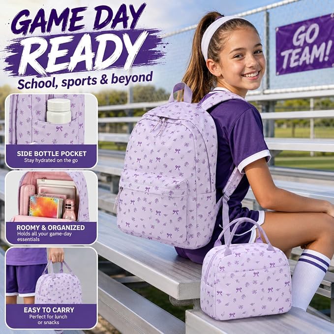 Bluboon Teen Girls School Backpack Kids Bookbag Set with Lunch Box Pencil Case Travel Laptop Backpack Casual Daypacks (Beige bow tie)