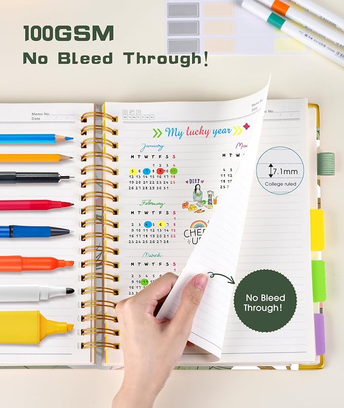 Hardcover Spiral Notebook Journal with Removable Dividers Tabs, 300 Pages 5 Subject Notebook College Ruled, 100GMS Notebooks for Work School Note Taking,Lined Journal for Women,Colorful Botanicals