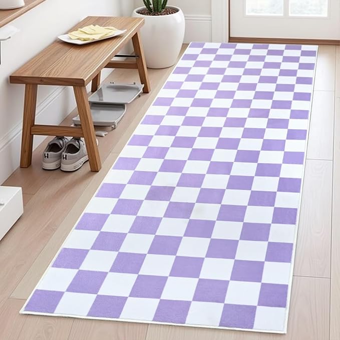 Terrug Purple and White Checkered Area Rug for Kitchen,2x6 Runner Rugs Washable with Non Slip for Bedroom,Soft Low Pile Stain Resistance Retro Carpet for Entryway Hallway