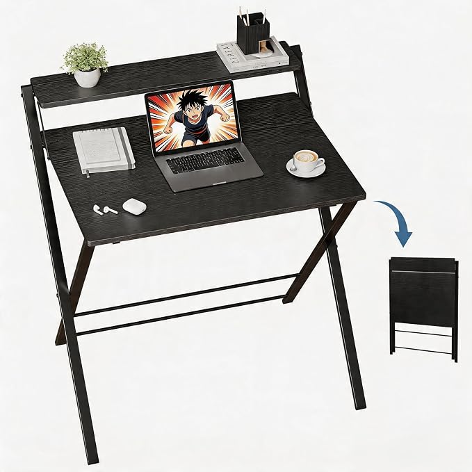 Simple Deluxe No Assembly Folding Desk with Shelf, 2-Tier Compact Computer Table, Space Saving Foldable Table for Home Office, Dorm or Apartment, Portable Collapsible Sturdy Laptop Desk, Black
