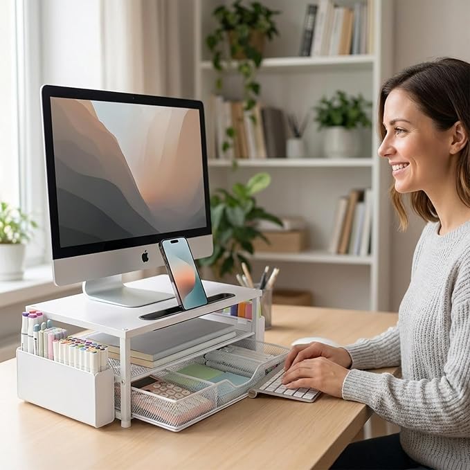 AUPSEN White Monitor Stand Riser, 2-Tier Wood Computer Desk Organizer with Drawer, Pen Storage & Phone Holder, Office Desk Accessories Desktop Organizer for Office Supplies