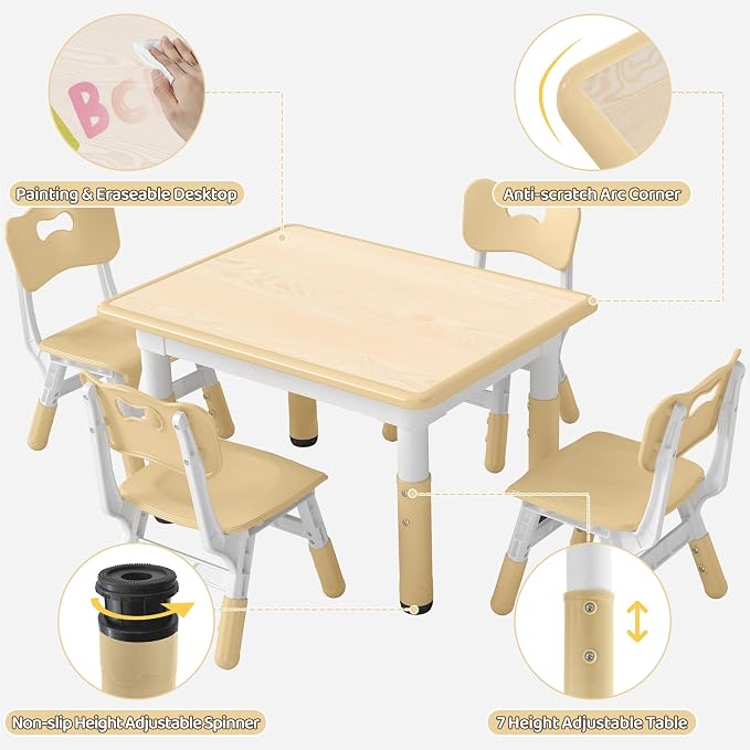 DOREROOM Adjustable Kids Table & 4 Chairs Set, 31.5" L x 23.6" W, Beige-W | Graffiti Desktop,Table Supports 300 lbs,Toddler Ages 2-8，FSC-certified, Children Activity Table for Daycare, Classroom, Home