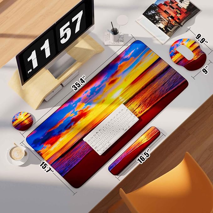 Desk Mat Set + Keyboard and Mouse Pad with Wrist Rest Support,4-in-1 Large Mousepad Computer Mats for Desktop Home & Office-Golden Beach
