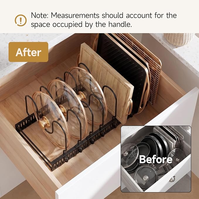 MUDEELA Pot Lid Organizer for Cabinet, Adjustable Baking Pan Rack 7 Slots | 7 Adjustable Divider, Tool-Free Assembly,Non-Slip, Scratch-Proof, Sturdy Metal Frame, For Pan Lid Cutting Board Bakeware