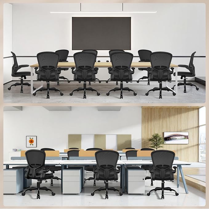 FelixKing Office Desk Chairs, Ergonomic PC Desk Chair with Wheels, Adjustable Lumbar Support and Height, Swivel Computer Chair with Flip-up Armrests, Ergo Mesh Backrest for Working (Black, Pack of 8)