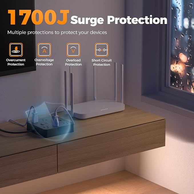 TESSAN 10Ft Black Extension Cord with Multiple Outlets, Surge Protector Power Strip with 6 Outlets and 3 USB Ports (1 USB C), 1700 Joules Protection, Flat Plug, Outlet Extender for Home, Office, Dorm