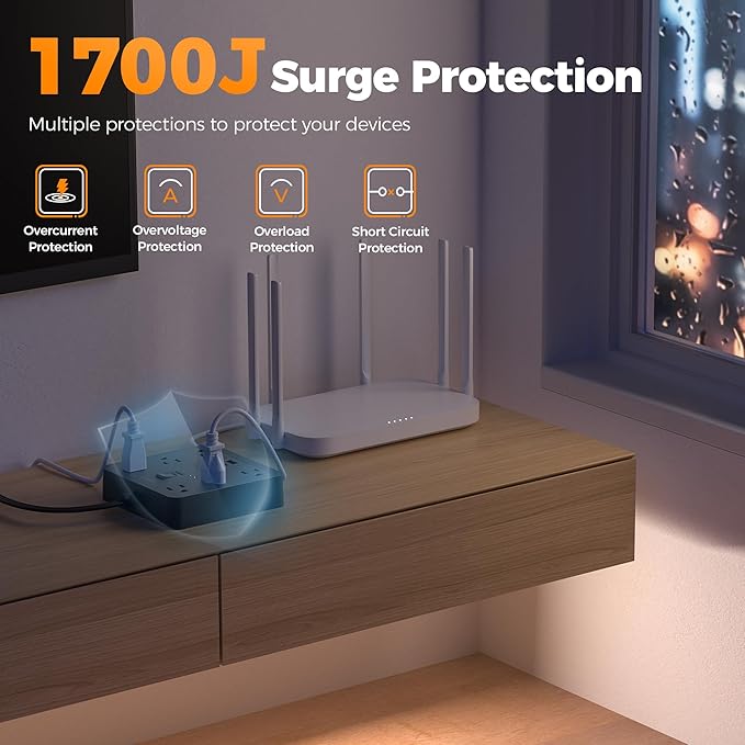 TESSAN 15Ft Black Extension Cord with Multiple Outlets, Surge Protector Power Strip with 6 Outlets and 3 USB Ports (1 USB C), 1700 Joules Protection, Flat Plug, Outlet Extender for Home, Office, Dorm