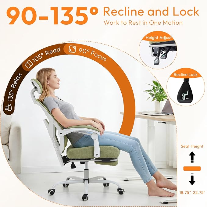 Home Office Desk Chair, Comfortable Mesh Chair with Foot Rest, Green | Reclining Gaming Chair with Headrest and Lumbar Support, 90°-130° Reclining, Silent Swivel
