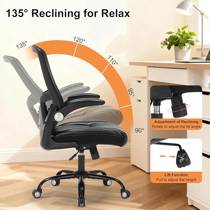 PU Leather Mesh Ergonomic Office Chair with Adjustable Arms Lumbar Support | Adjustable Height High Back Mesh Support with Flip up Armrests, Swivel Task Chairs for Home Office Computer 400BLS