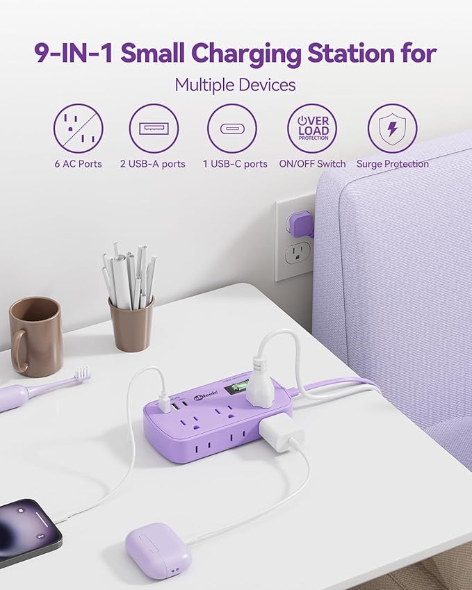 Purple Extension Cord with Surge Protected - Cute Travel Power Strip with 6 AC Outlet 3 USB (1 USB-C) Charging Station, Purple Desk Accessories Wall Mountable Cute Kawaii Lavender Office Dorm Room