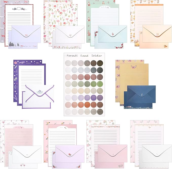 Zonon 90 Pieces Stationery Set with Envelopes Include 60 Letter Writing Paper 30 Envelopes and 48 Colorful Round Dot Decal for Letter Party Invitations Office School Supplies(Cute Style)