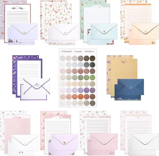 Zonon 90 Pieces Stationery Set with Envelopes Include 60 Letter Writing Paper 30 Envelopes and 48 Colorful Round Dot Decal for Letter Party Invitations Office School Supplies(Cute Style)