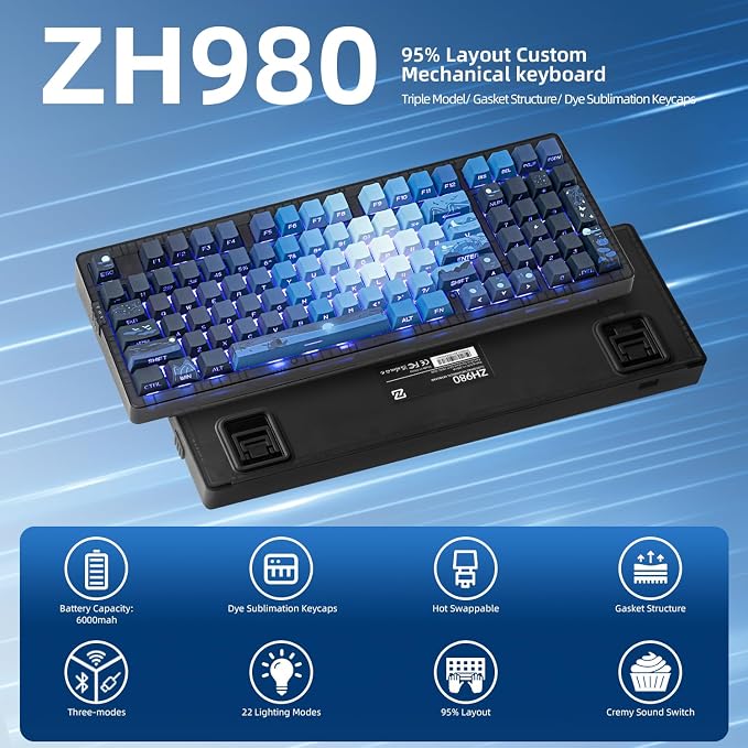 ZORNHER ZH980 Mechanical Keyboard,95% Blue Creamy Keyboard with Number Pad,Hot-Swappable Custom Gaming Keyboard,Shine Through Dye Sublimation PBT Keycaps,Creamy Sounding Linear Switches
