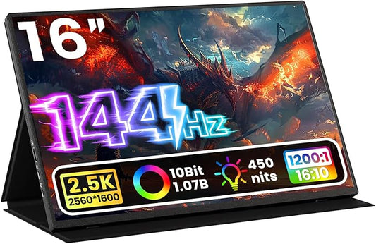 Upperizon Portable Monitor 16 inch 2K QHD 2560x1600 106% sRGB, 144Hz USB-C, 120Hz HDMI, HDR Travel Monitor for Laptop Mac PC Surface PS5 Xbox, External Display with Cover & Speakers, VESA Compatible