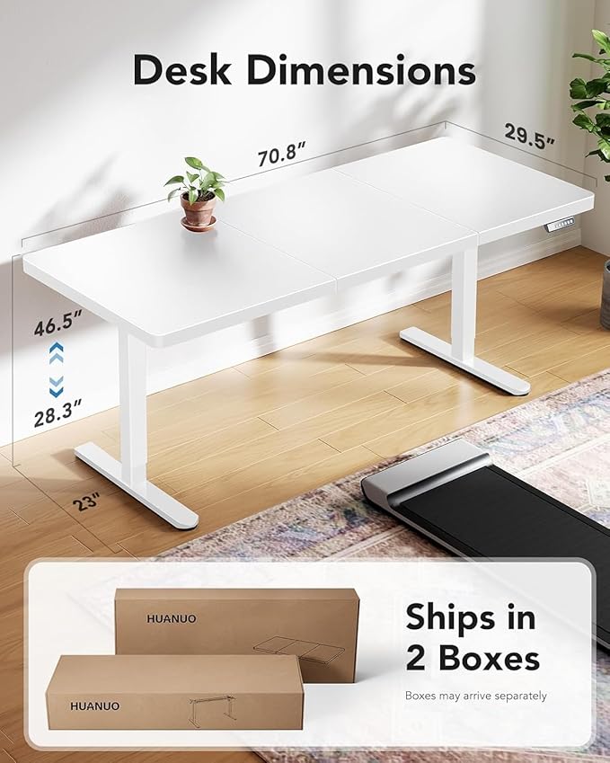 HUANUO 71 x 30 inch White Electric Standing Desk, Large Height Adjustable Table, 4 Memory Preset Sit Stand Up Desk, Powerful Brushless Motor Home Office Computer Table with Thick T-Shaped Frame