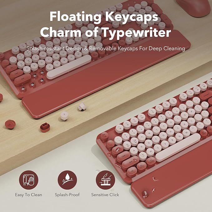 Wireless Keyboard and Mouse Combo, Wine Red Retro Typewriter-Style Keyboard with Round Keycaps and Magnetic Wrist Rest, 2.4G USB Wireless for Windows PC Laptop Desktop, Home Office School Essentials