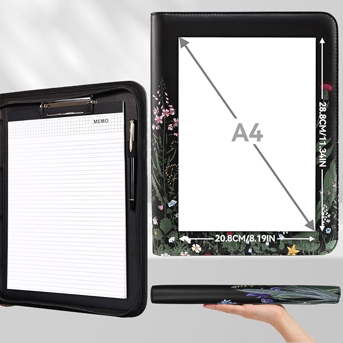 Eshow padfolio Portfolio Binder - 3 Ring Binder with Zipper, Vegan Leather | Includes 5 Colorful Sheet Protectors for Documents & Diles, 1 Pen, and 1 A4 Notepad, Designed for Women and Men