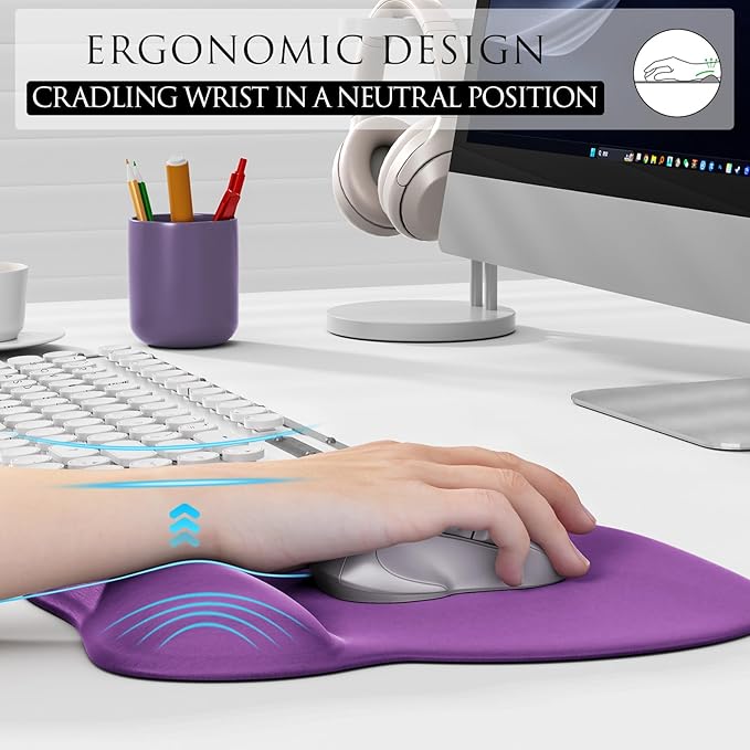 MROCO Ergonomic Mouse Pad with Gel Wrist Rest, Smooth Wrist Support Surface, Non-Slip PU Base for Pain Relief, Comfortable Mousepad for Computer, Laptop, Office & Home, 9.4 x 8.1 in, Violet Purple