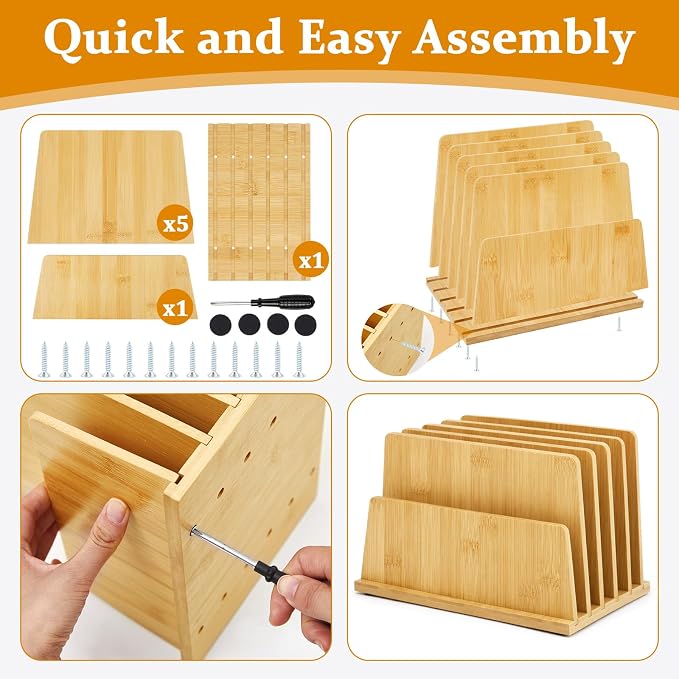 Unittype Bamboo Multi Device Organizer, 5 Slots Vertical Laptop Storage Rack, Computer Charging Station for Smartphones, Tablets and Laptops, Space Saving Organizer for Home Office