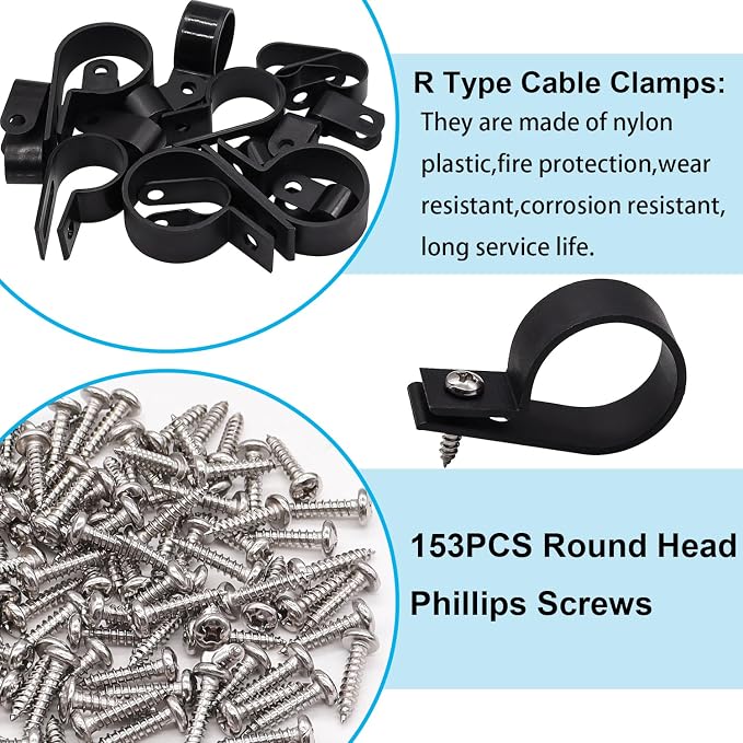 TWTADE 306PCS Black Cable Clamps Nylon Plastic R-Type 6 Sizes 3/16'' 1/4'' 3/8'' 1/2'' 3/4'' 1'' Cable Mounting Wire Clips Assortment Kit with Screws for Wire Management H-049