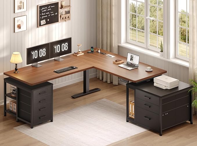 SEDETA 63" L Shaped Electric Standing Desk, Height Adjustable Corner Desk with 7 Fabric Storage Drawers & Power Outlet, 3 Memory Heights, 200lbs Capacity for Home Office Gaming, Black + Brown