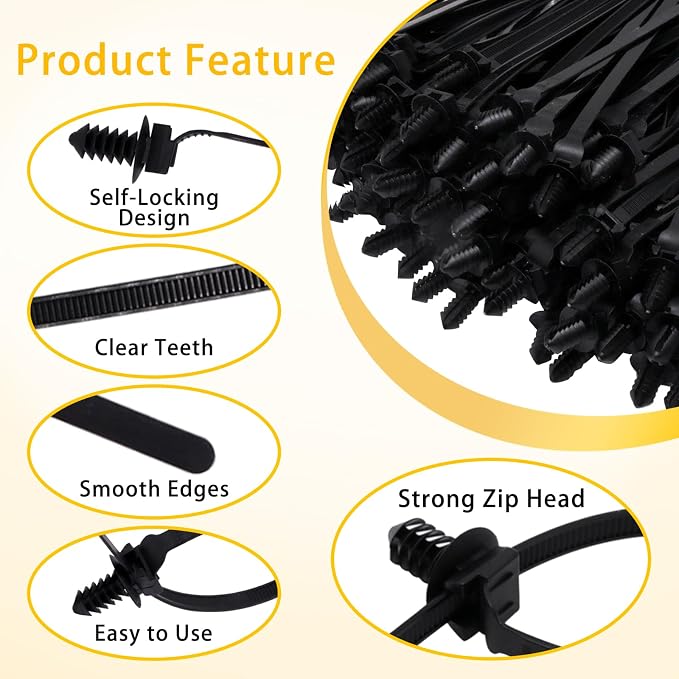 100 PCS Push Mount Zip Ties, 8.3 Inch Nylon Car Mount Wire Ties Snap in Cable Zip Ties, Black Push Mount Cable Ties Automotive Zip Ties Wire Harness Clips for Wire Tying (8.3" L x 0.2" W)