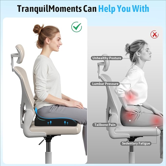 TranquilMoments Seat Cushion, Gel Wheelchair Seat Cushion, Black | Wheelchair Seat Cushion Cooling Gel Memory Foam, Tailbone Pain Relief, Removable Cover & Non - Slip Bottom Chair Cushion