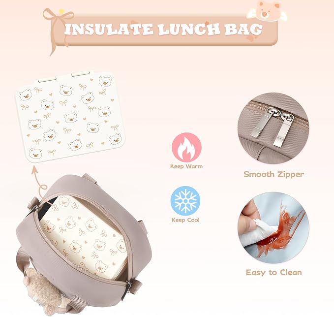ACESAK Backpack for Girls with Bento Box - 4 PCS Cute Girls Backpack with Lunch Box, Pencil Case & Bento Box Set - 43oz Leakproof Lunch Box Kids Snack Containers Set Back to School Supplies (Khaki)