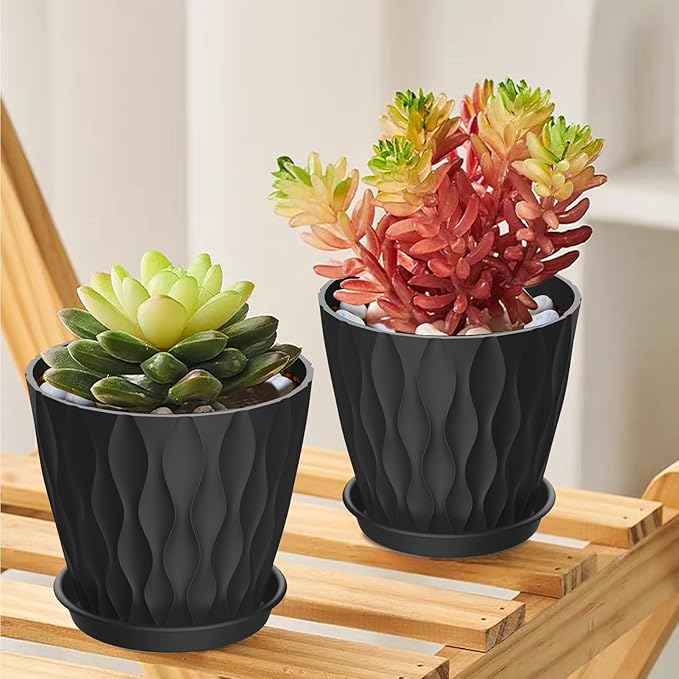 UOUZ 12 Pack 4 Inch Small Plant Pots with Saucers, Waffle Texture Plastic Planters with Drainage Holes for Indoor and Outdoor Plants, Flowers, Herbs, Succulents, and Seedlings, Black