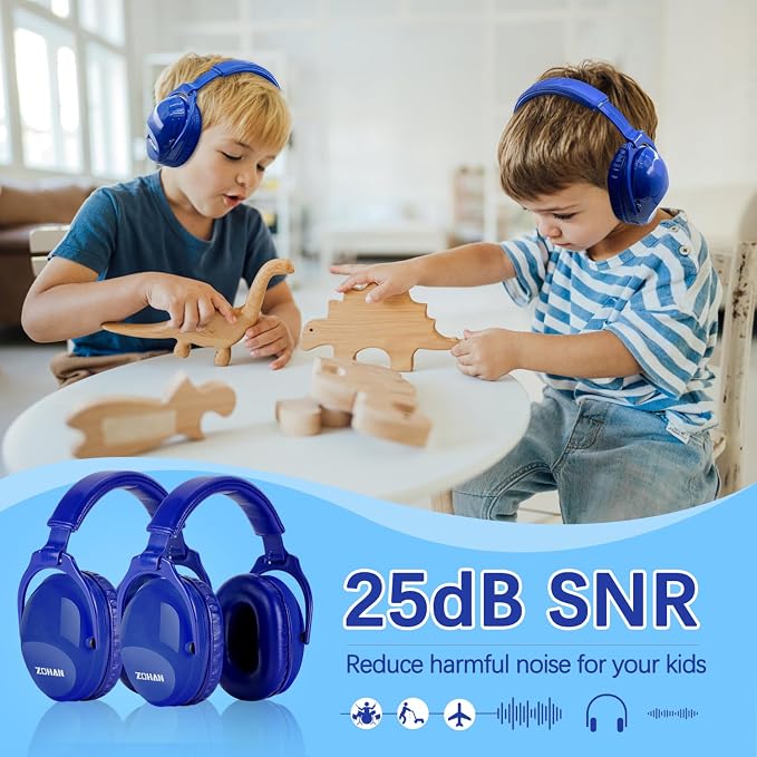 ZOHAN Kids Ear Protection 2 Pack, 25dB NRR Noise Cancelling Headphones for Kids, with Pillowy Pads, for Monster Truck, School, Autism, Sensory, Fireworks, Concerts, Events(Sapphire Blue+Sapphire Blue)