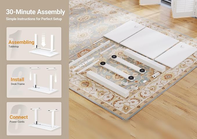 Seang Electric Height Adjustable Standing Desk, 48 x 24 Inch Sit-Stand Workstation with T-Shaped Frame, 3 Memory Height Options & Built-in Cable Management for Home Office, White Frame/White Top