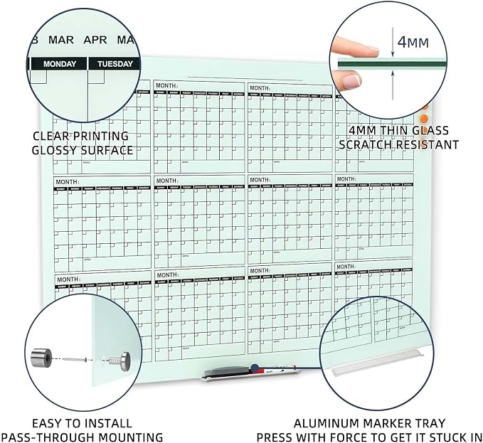 TSJ OFFICE Glass Calendar Whiteboard - 48 x 36 Inches Wall Mounted Dry Erase Yearly Planner for Wall, Large Magnetic Glass White Board for Office, Home & School