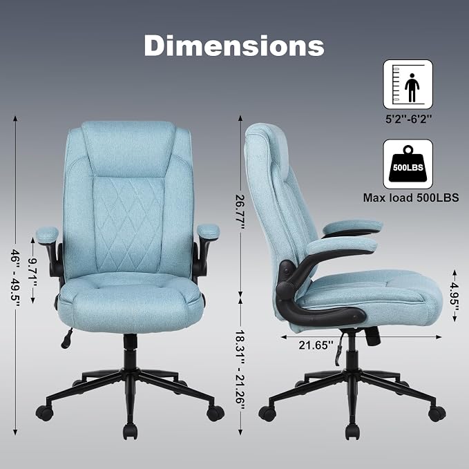 ralex-chair Big and Tall Office Chair -500 lb Office Chair for Big Man, Fabric High Back Office Desk Chair with 120° Tilt Rock,Computer Desk Chair with flip up arm - Light Blue