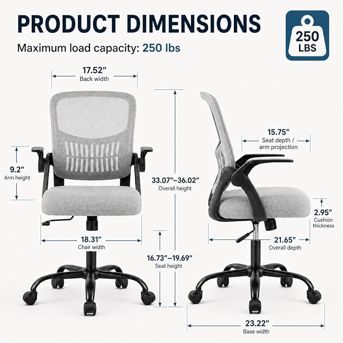 Ergonomic Office Chair, Home Office Desk Chair, Breathable Mesh Desk Chair with Adjustable Lumbar Support and Flip-up Armrests, Game Chairs, 360° Swivel Desk Chairs for Conference, Meeting Room(Grey)