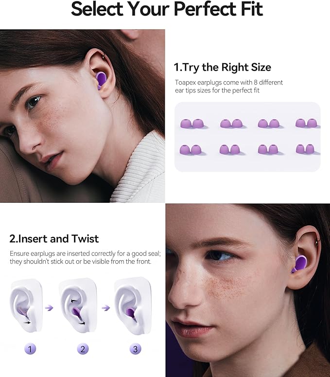 45dB Ear Plugs for Sleeping Noise Cancelling Ear Plugs for Noise Reduction & Snoring, Concerts, Earplugs for Sleep,Sider Sleepers Airplane, Silicone Earplugs Reusable Concert Ear Plug Case Pale Violet