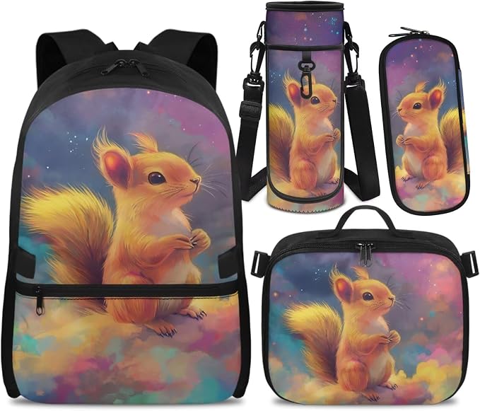 Doojoayie Elementary School Backpack for Girls Squirrel Bookbag with Lunch Box Kawaii Kids Backpack Ages 7-8 Girls School Supplies for Primary 1st Grade Schoolbag Traval Back Pack