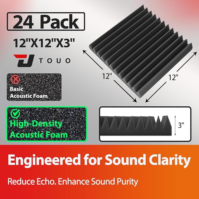 24 Pack Acoustic Panels – Sound Proof Foam Panels for Wall 12"x12"x3", Flame Retardant Wedge Acoustic Foam, High-Density Sound Absorbing Panels for Home Studio(Black, 3" Thick 24 Pack)